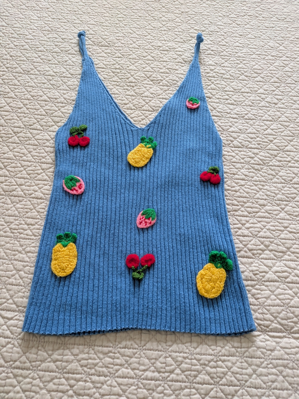 Zara Blue Ribbed Knit Cami with Fruity Appliqués